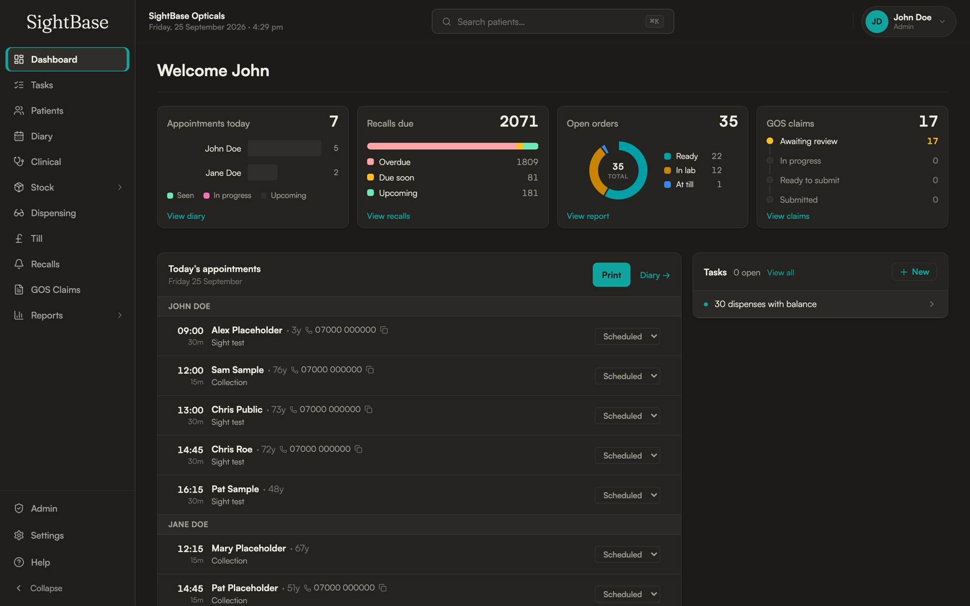 The SightBase dashboard in the dark theme