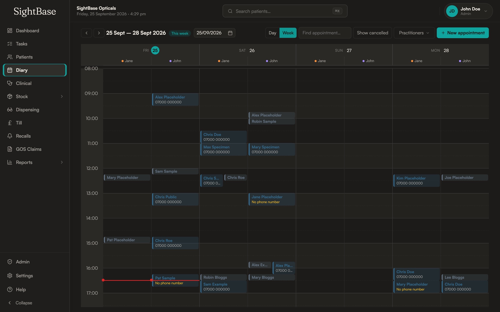The SightBase week diary in the dark theme