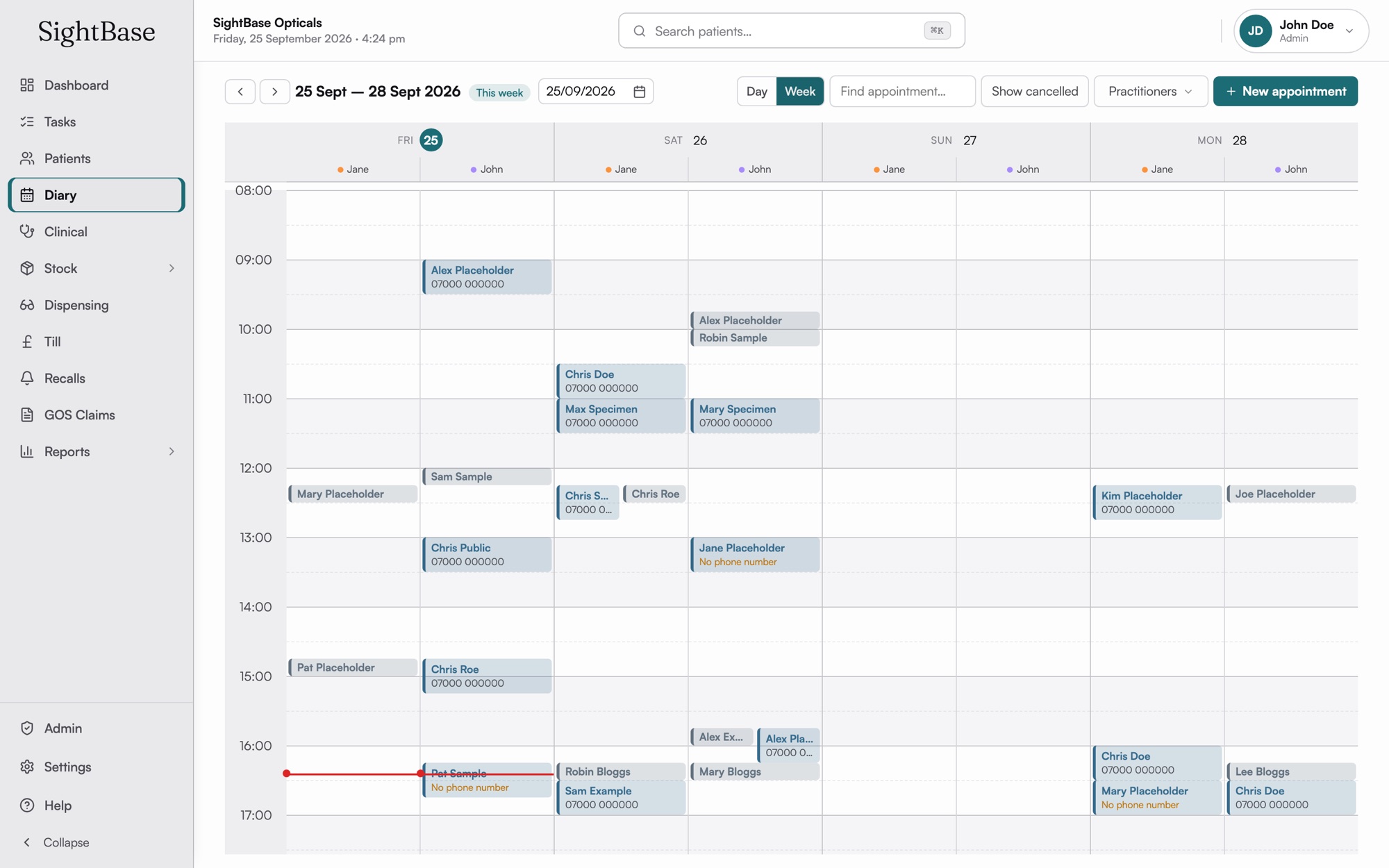The SightBase week diary with appointments across two optometrists