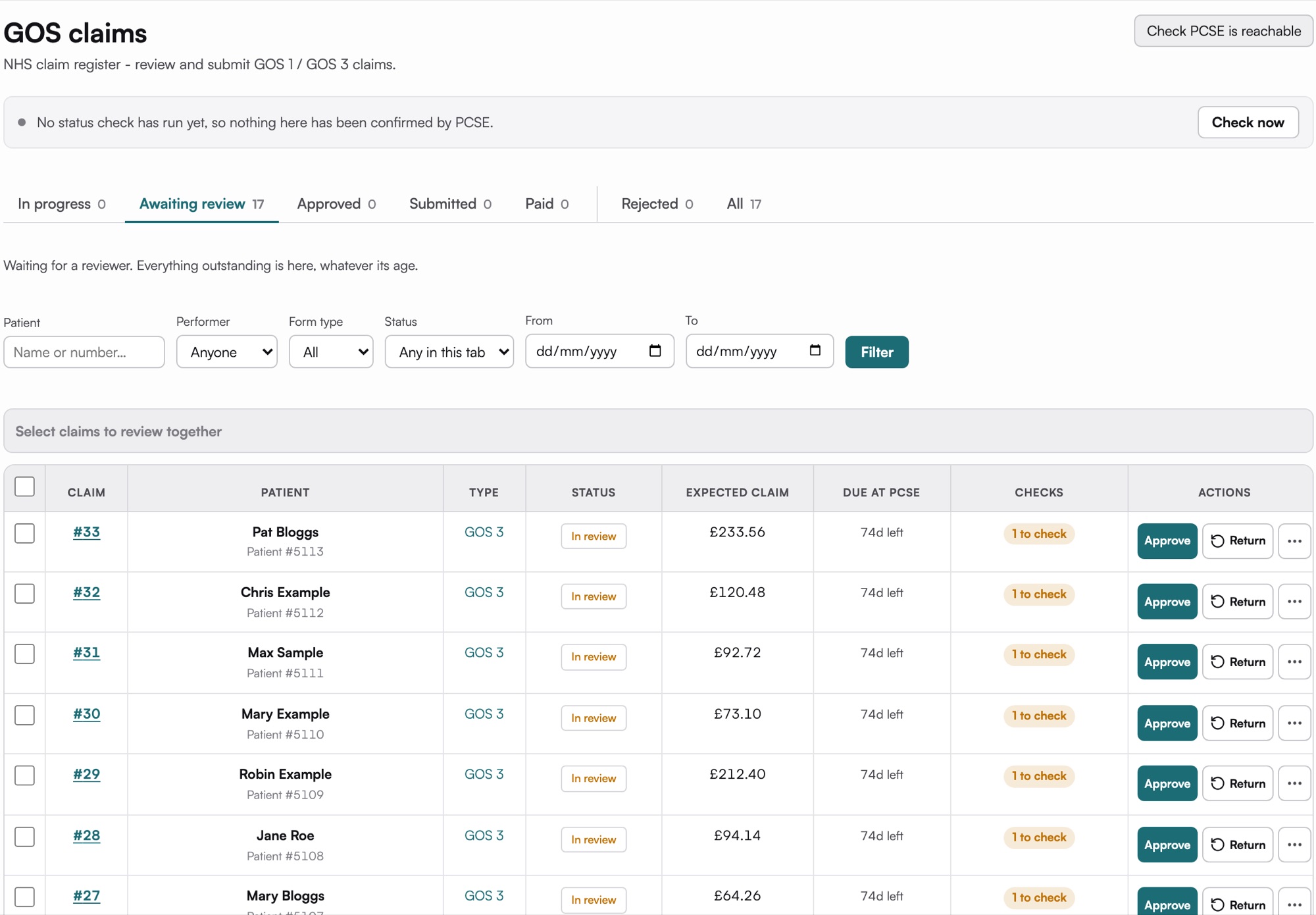 The SightBase GOS claims register listing claims awaiting review, with the expected claim value, days left to submit, and approve or return buttons