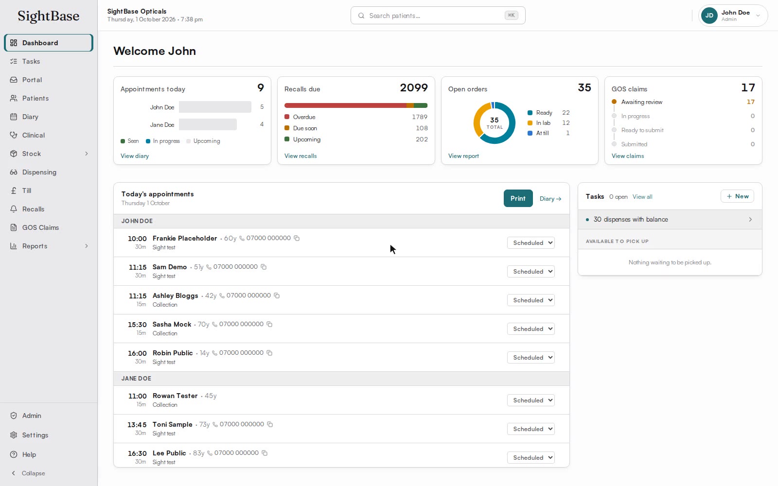The SightBase dashboard: today's appointments for each optometrist, recalls due, open spectacle orders and GOS claims awaiting review