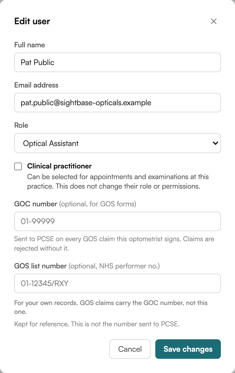 Editing a member of staff in SightBase, with a dropdown to change their role