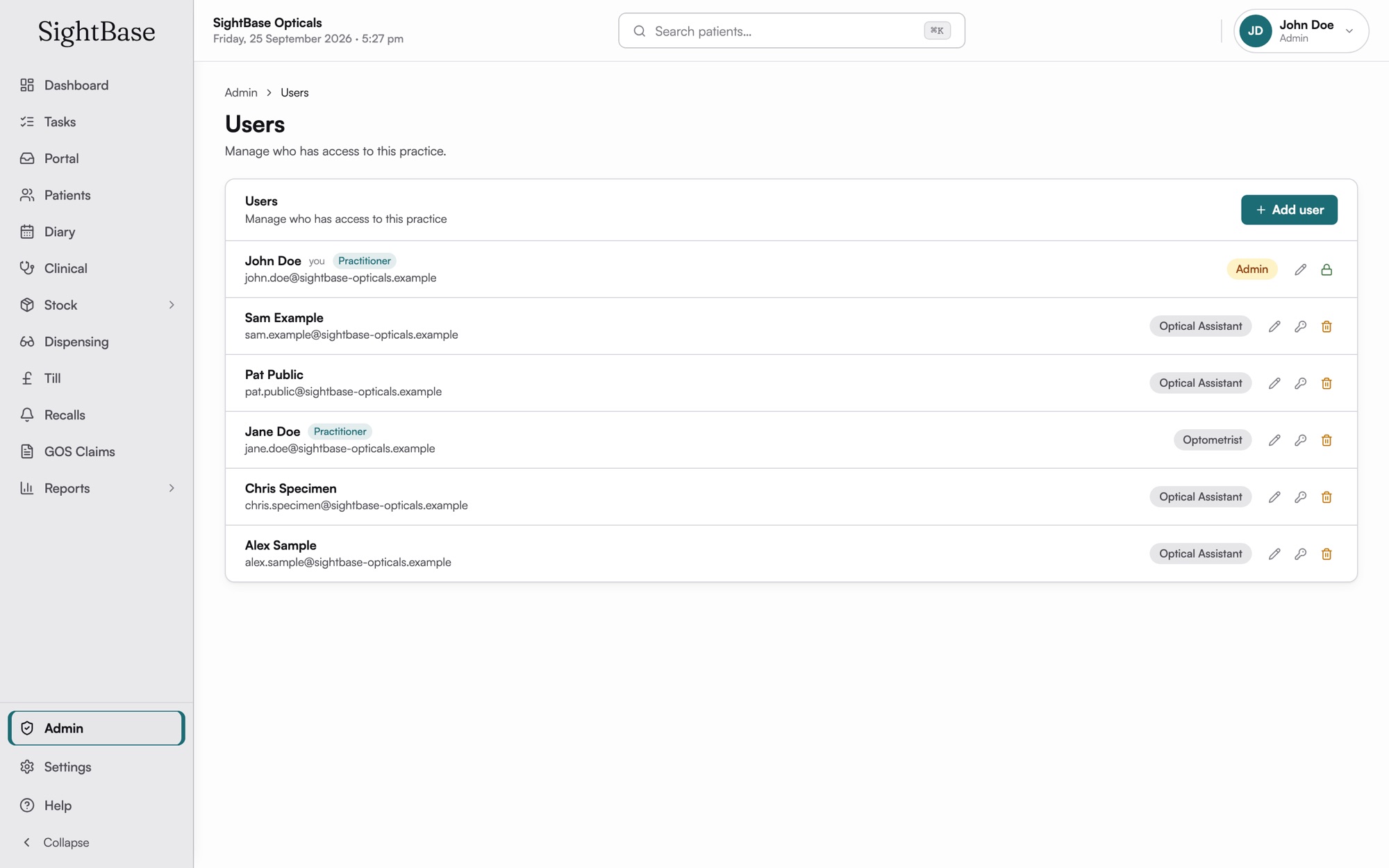 The SightBase staff list, showing each person's role