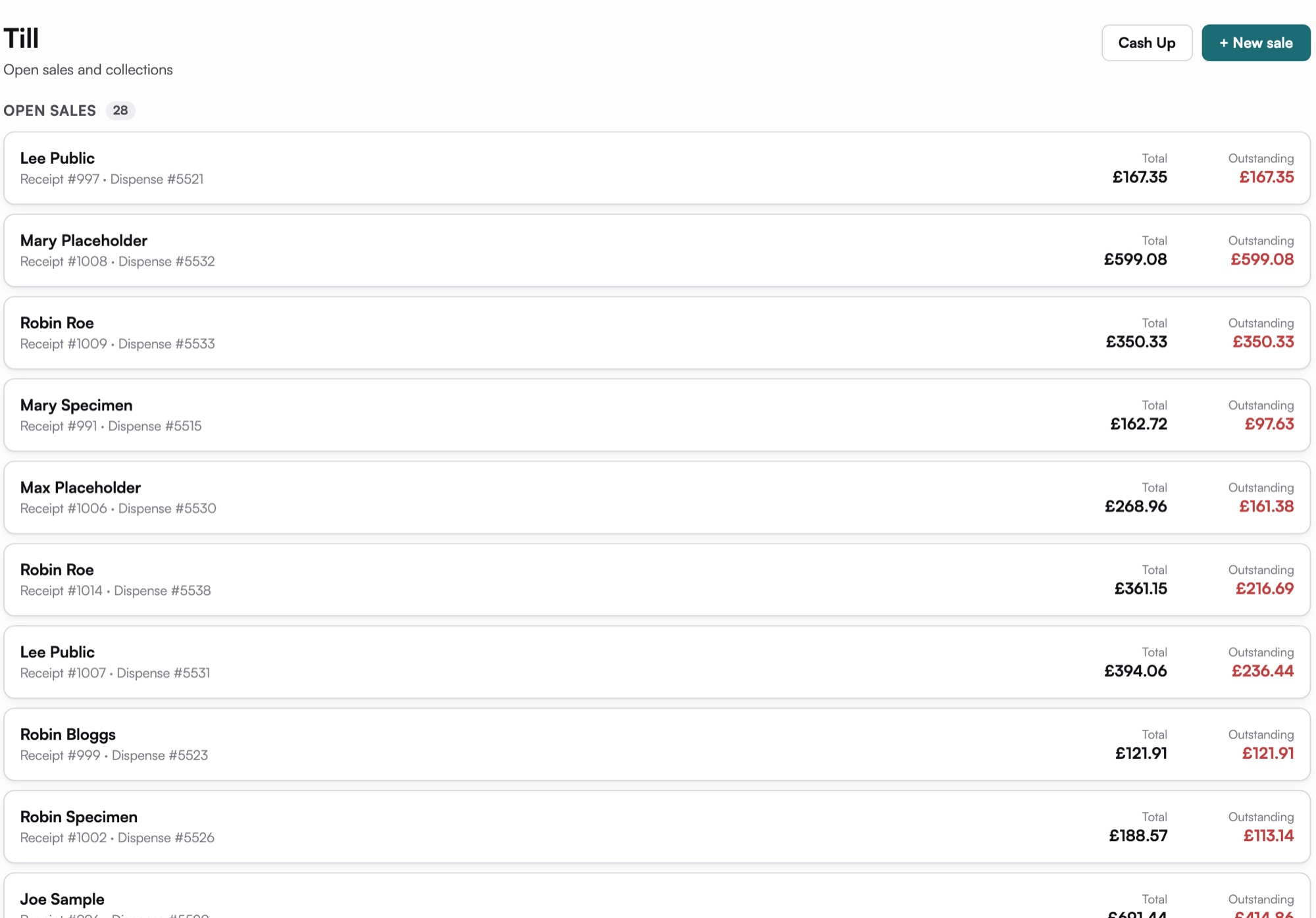 The SightBase till: open sales and collections with what is outstanding on each